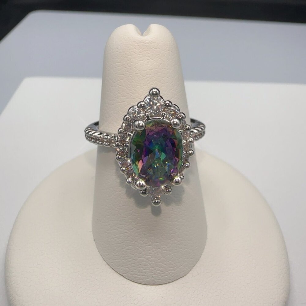 Rainbow Zircon Teardrop Halo Ring With Silvertone Band - Picture 5 of 7